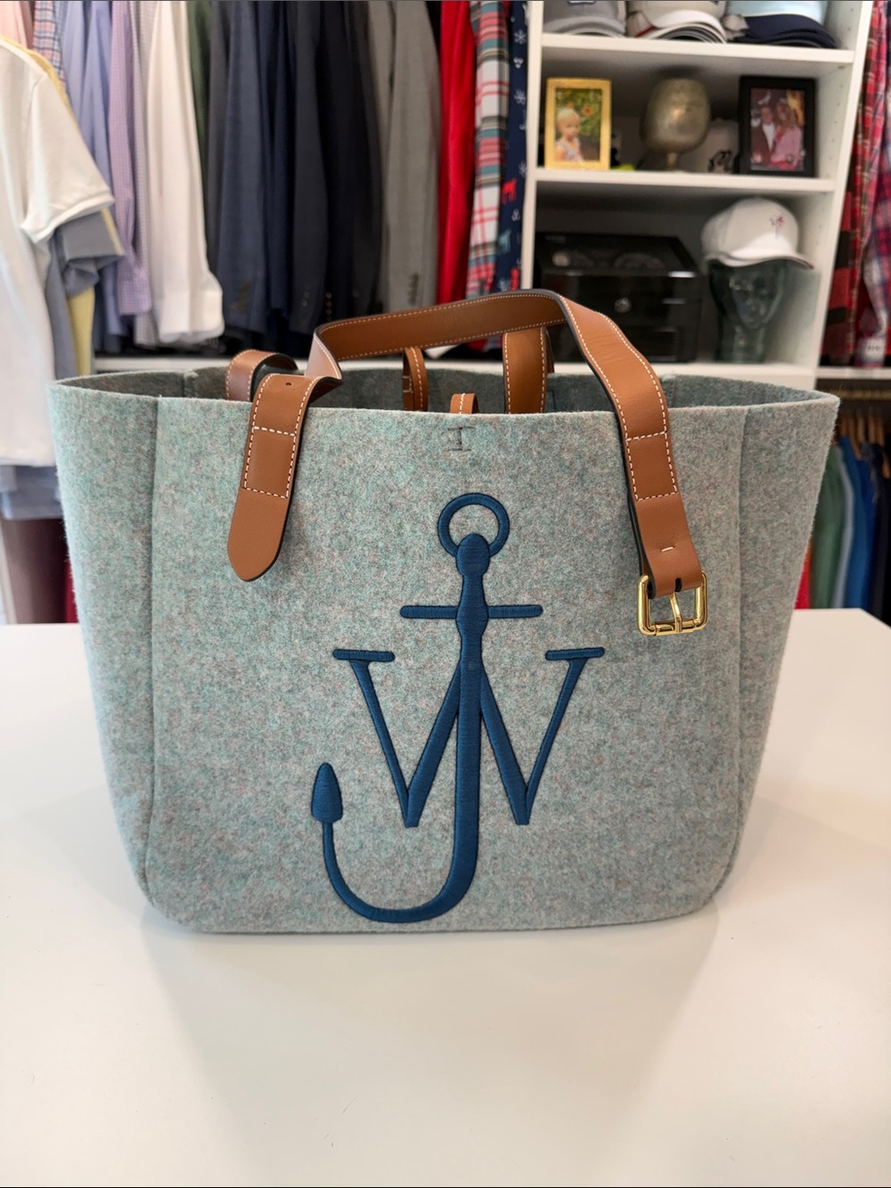 JW Anderson Gray Felt Tote Bag w/ Blue Anchor Monogram and Brown Leather Handles